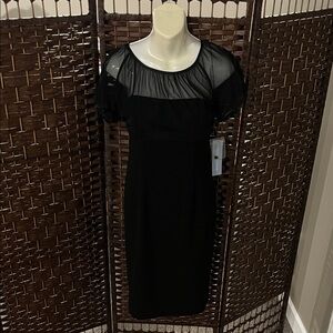 London Times Black Midi Dress with Sheer Sleeves